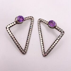 Vintage Amethyst Oval Cut 925 Silver Hollow Triangle Shaped Earrings Pierced Ear